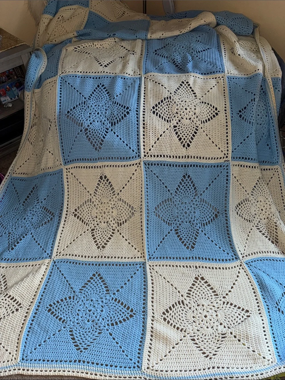 Hand Crafted Blue and Cream Crochet Star Patchwork Throw Blanket